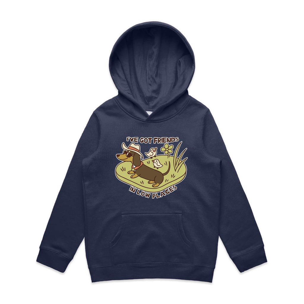 Dachshund, I've Got Friends In Low Places Kids AS Colour Hoodie Midnight Blue Kids Hoodie animal Printed In Australia