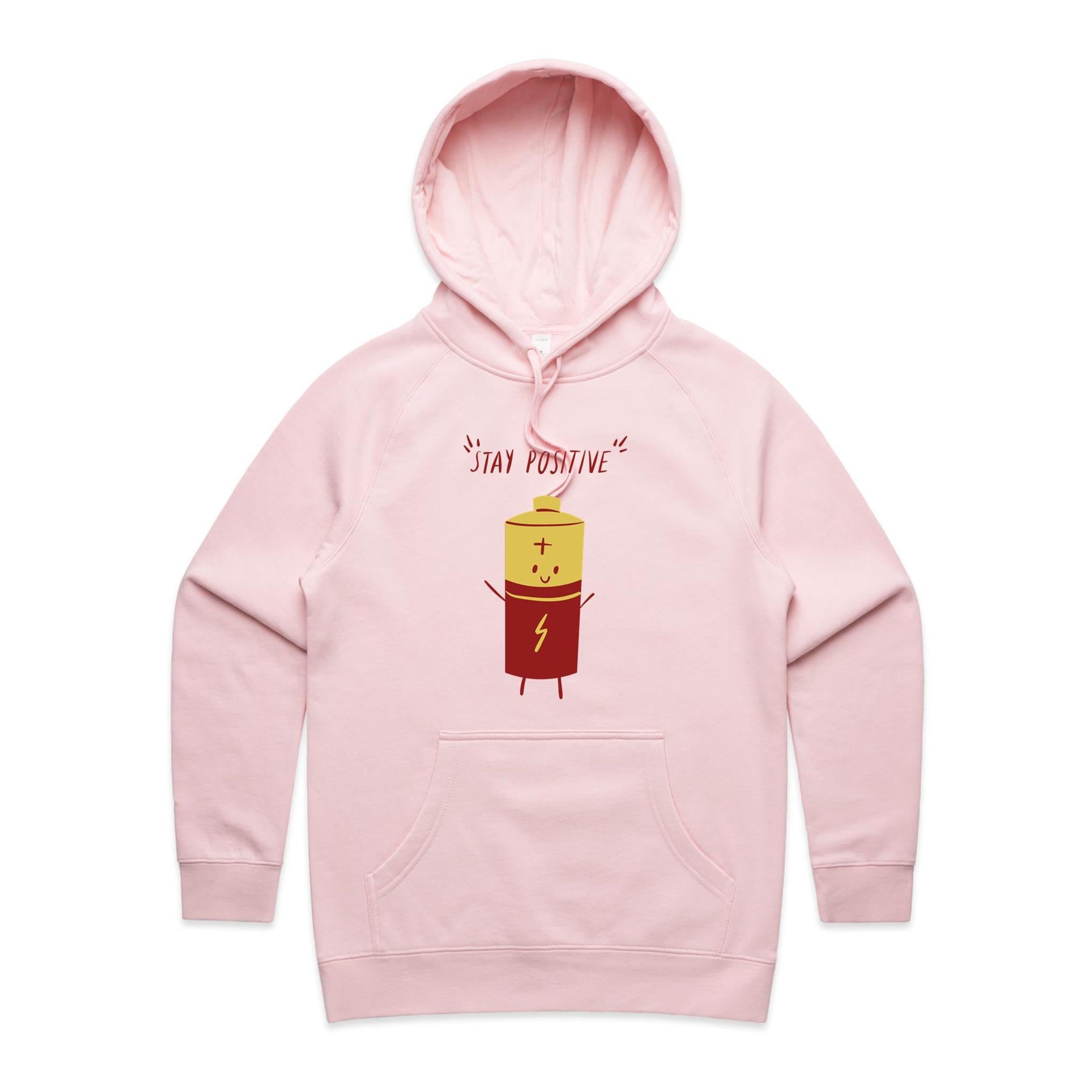 Stay Positive, Battery - Womens Hoodie Pink Womens Hoodie Positivity Printed In Australia