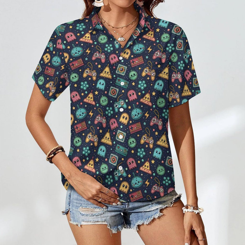 Video Arcade Women's Short-Sleeve Button Up Shirt Women's Short-Sleeve Button Up Shirt Games Printed Offshore Retro