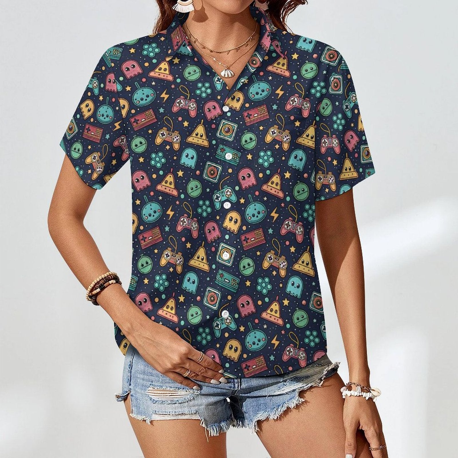 Video Arcade Women's Short-Sleeve Button Up Shirt Women's Short-Sleeve Button Up Shirt Games Printed Offshore Retro