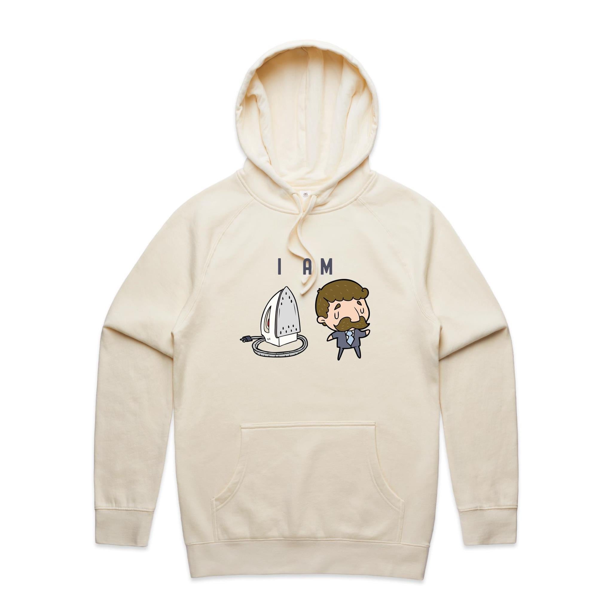 I Am Ironing Man - Mens Hoodie Ecru Mens Hoodie comic Printed In Australia