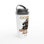 Personalised - Coffee Keeps Me Alive, Skeleton - White 15oz Stainless Steel Travel Mug Personalised Travel Mug Coffee Customise Globally Fulfilled Personalise