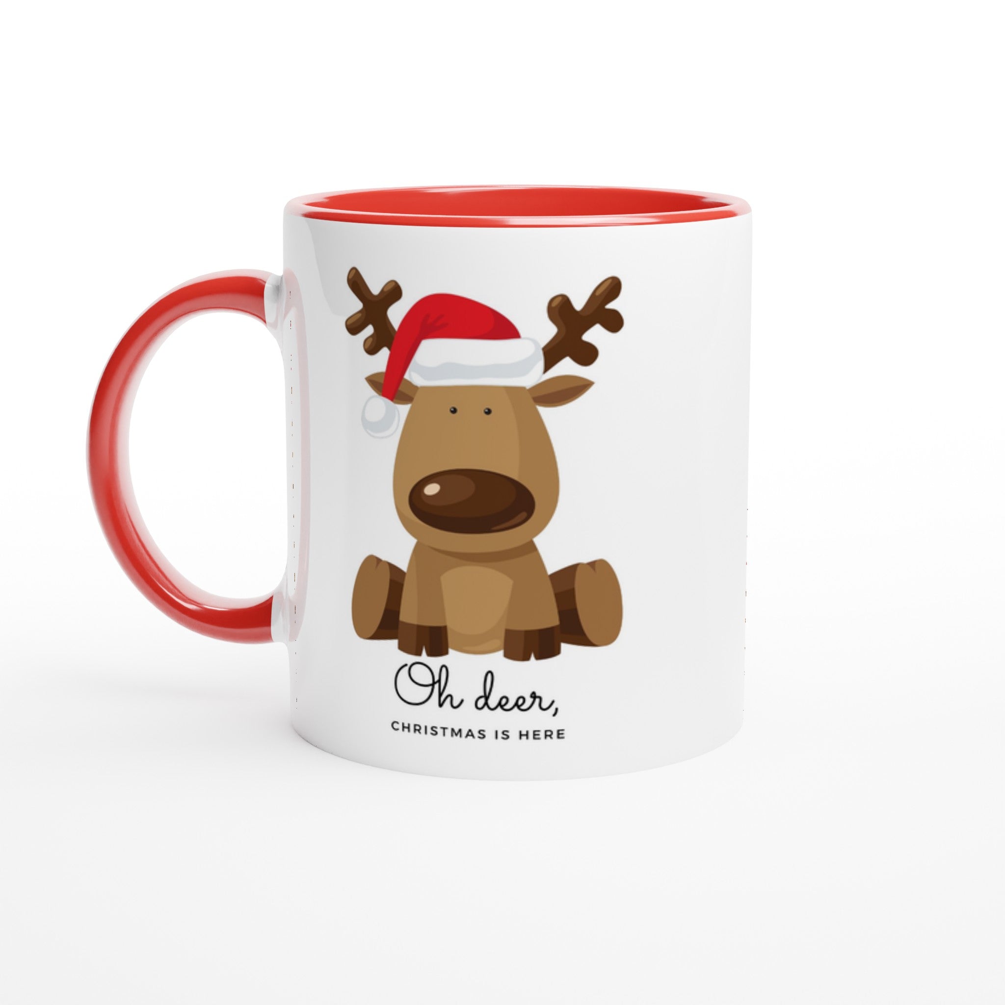 Oh Deer, Christmas Is Here - White 11oz Ceramic Mug with Colour Inside Ceramic Red Christmas Colour Mug Christmas Globally Fulfilled
