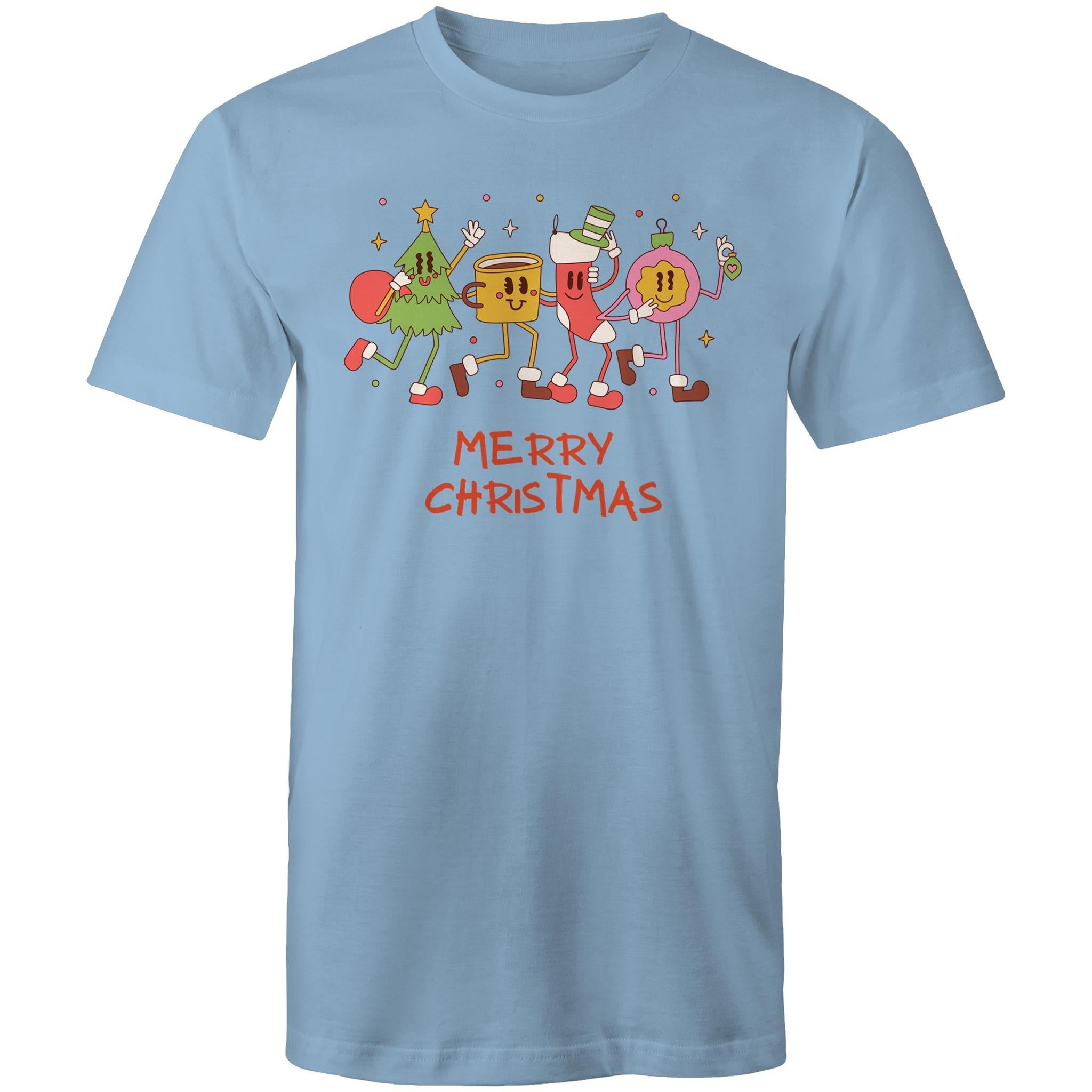 Crazy Christmas Characters - Mens T-Shirt Carolina Blue Mens Christmas T-shirt Christmas Printed In Australia