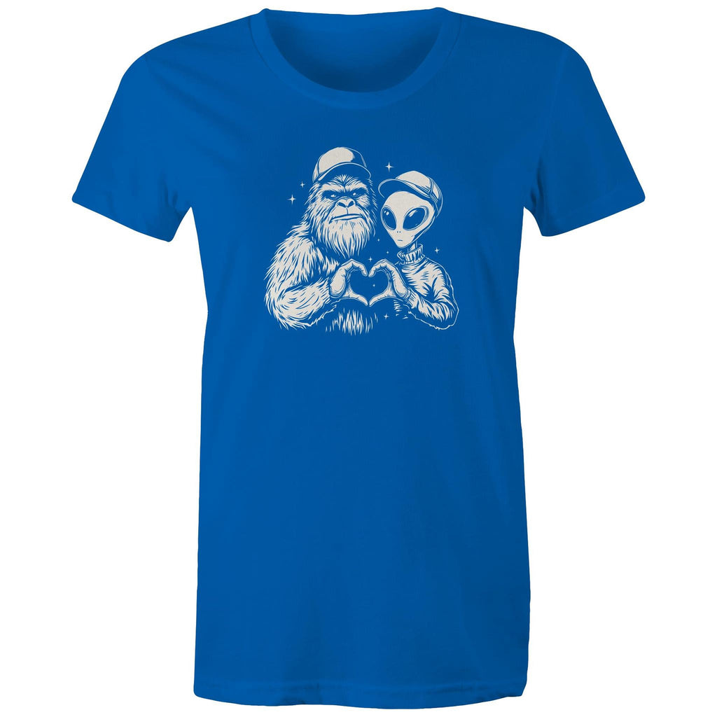 Alien Bigfoot Heart Hands - Womens T-shirt Bright Royal Womens T-shirt Love Printed In Australia Sci Fi