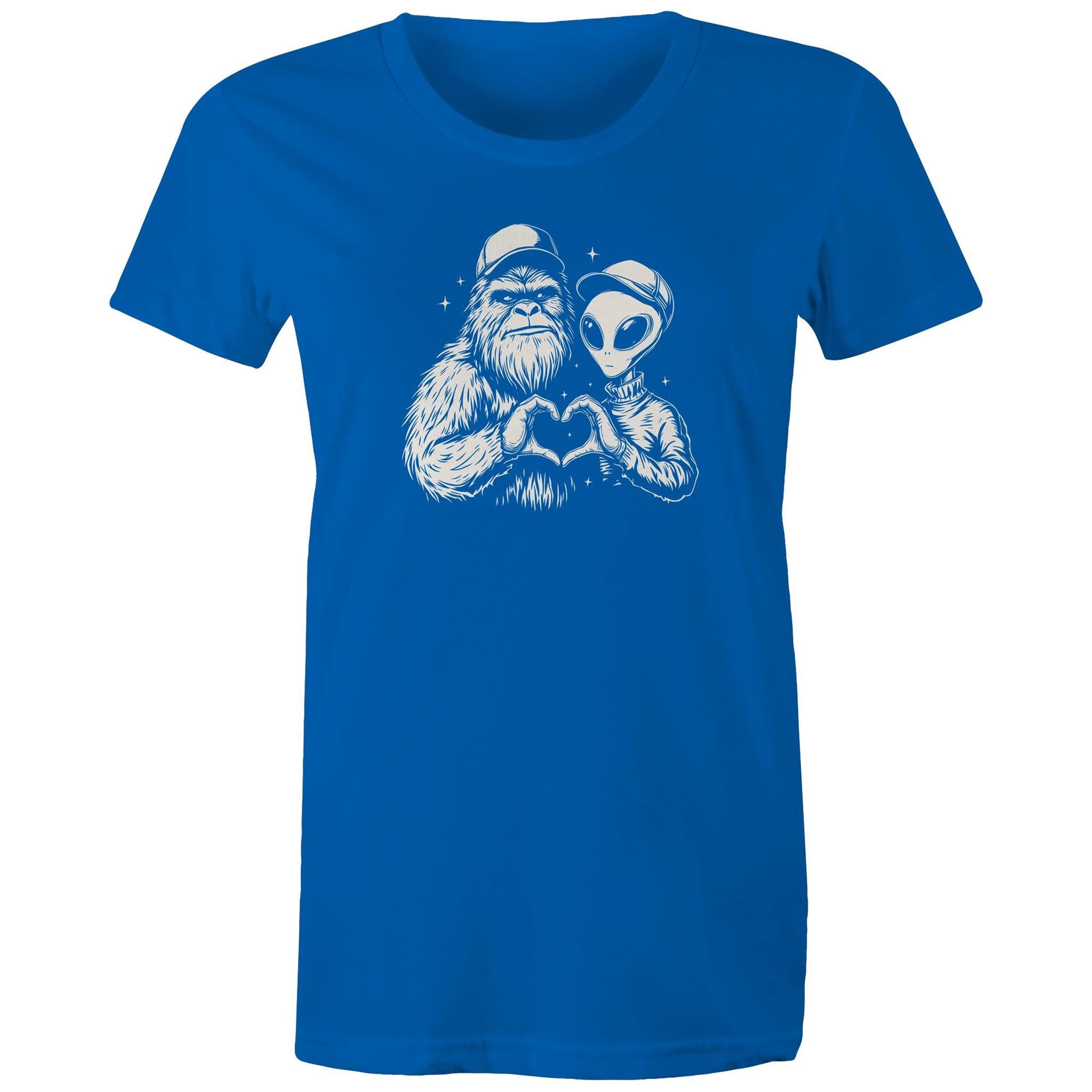 Alien Bigfoot Heart Hands - Womens T-shirt Bright Royal Womens T-shirt Love Printed In Australia Sci Fi