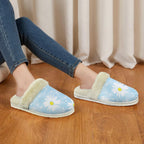 Blue Chamomile Women's Fur Trim Thick-Sole Indoor Slippers Women's Fur Trimmed Slippers Plants Printed Offshore