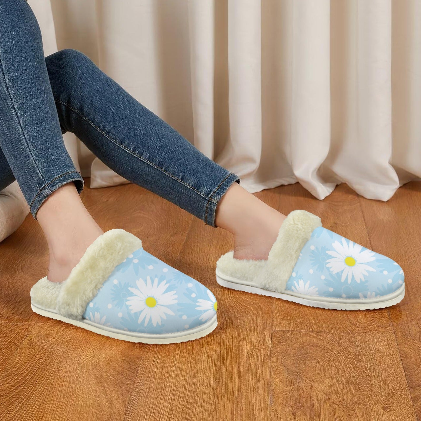 Blue Chamomile Women's Fur Trim Thick-Sole Indoor Slippers Women's Fur Trimmed Slippers Plants Printed Offshore
