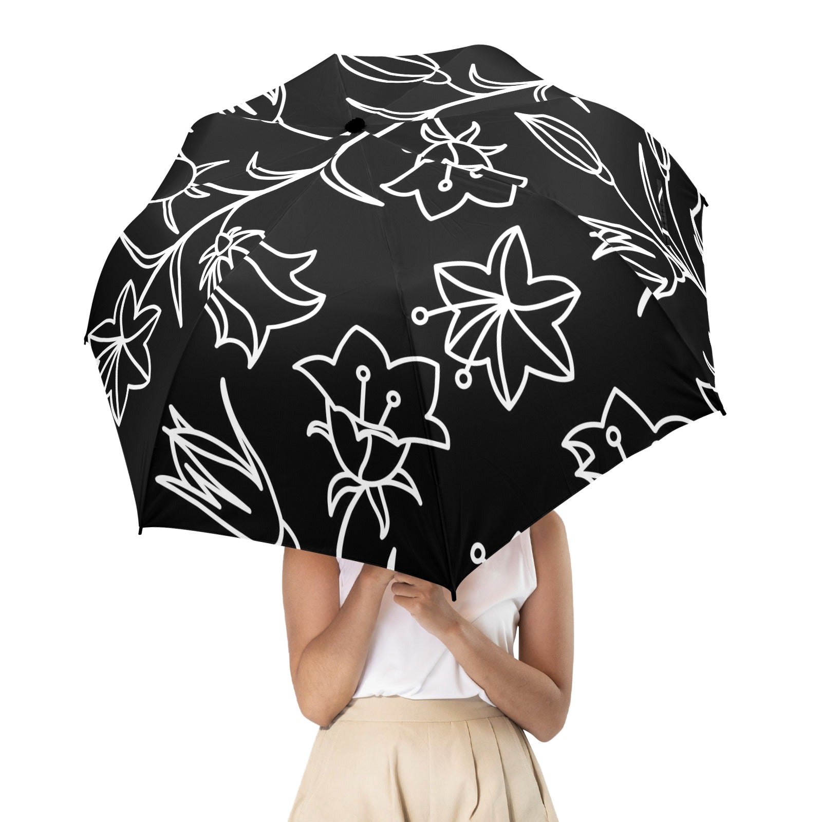 Black And White Floral - Semi-Automatic Foldable Umbrella (Model U12) Semi-Automatic Foldable Umbrella (U12)