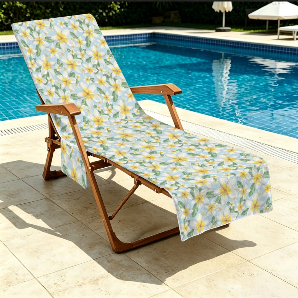 Delicate Frangipani Beach Chair Towel Cover with Side Pockets
