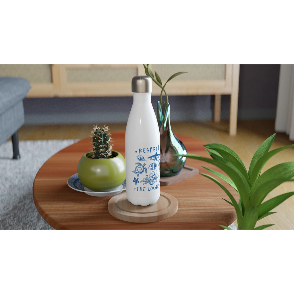 Respect The Locals, Sea Life - White 17oz Stainless Steel Water Bottle White Water Bottle animal Globally Fulfilled Ocean Surf