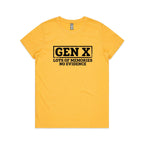 Gen X, Lots Of Memories, No Evidence Women's AS Colour T-shirt Yellow Womens T-shirt Printed In Australia
