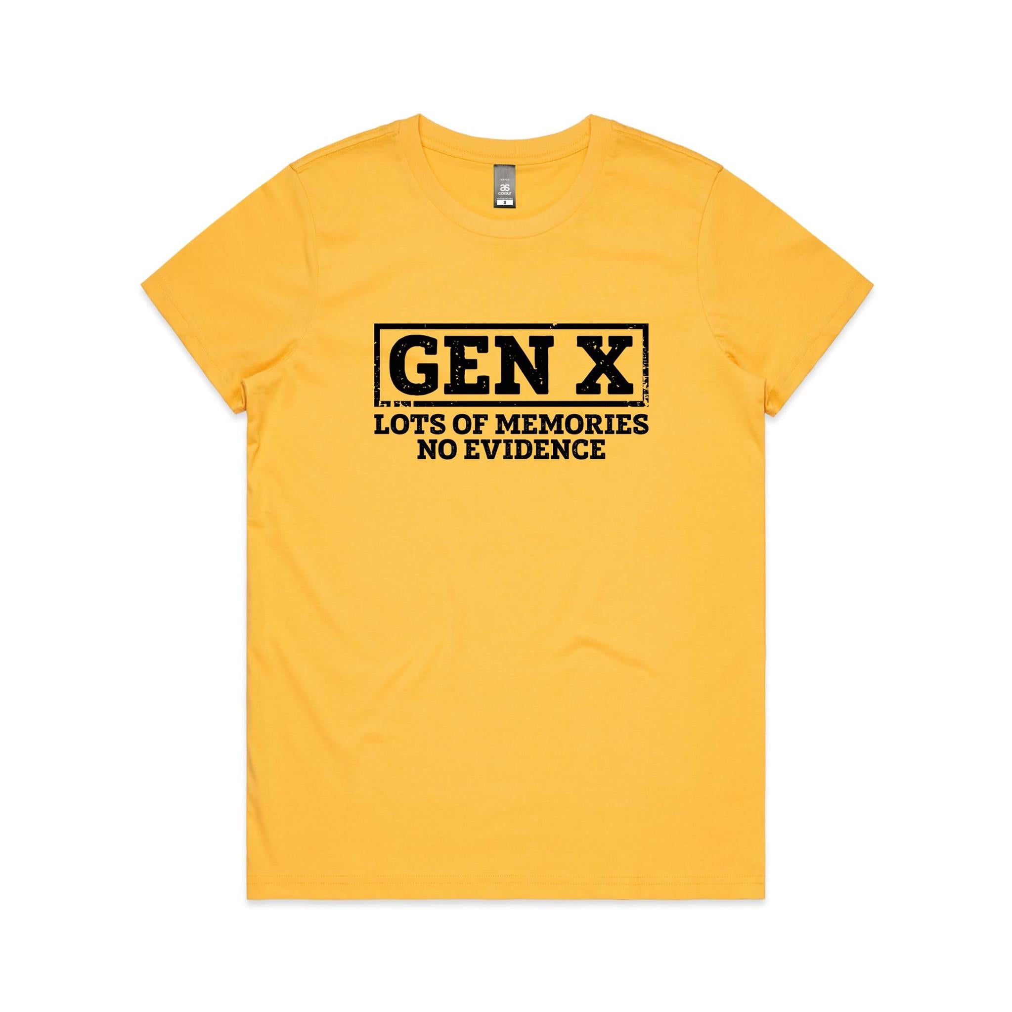 Gen X, Lots Of Memories, No Evidence Women's AS Colour T-shirt Yellow Womens T-shirt Printed In Australia