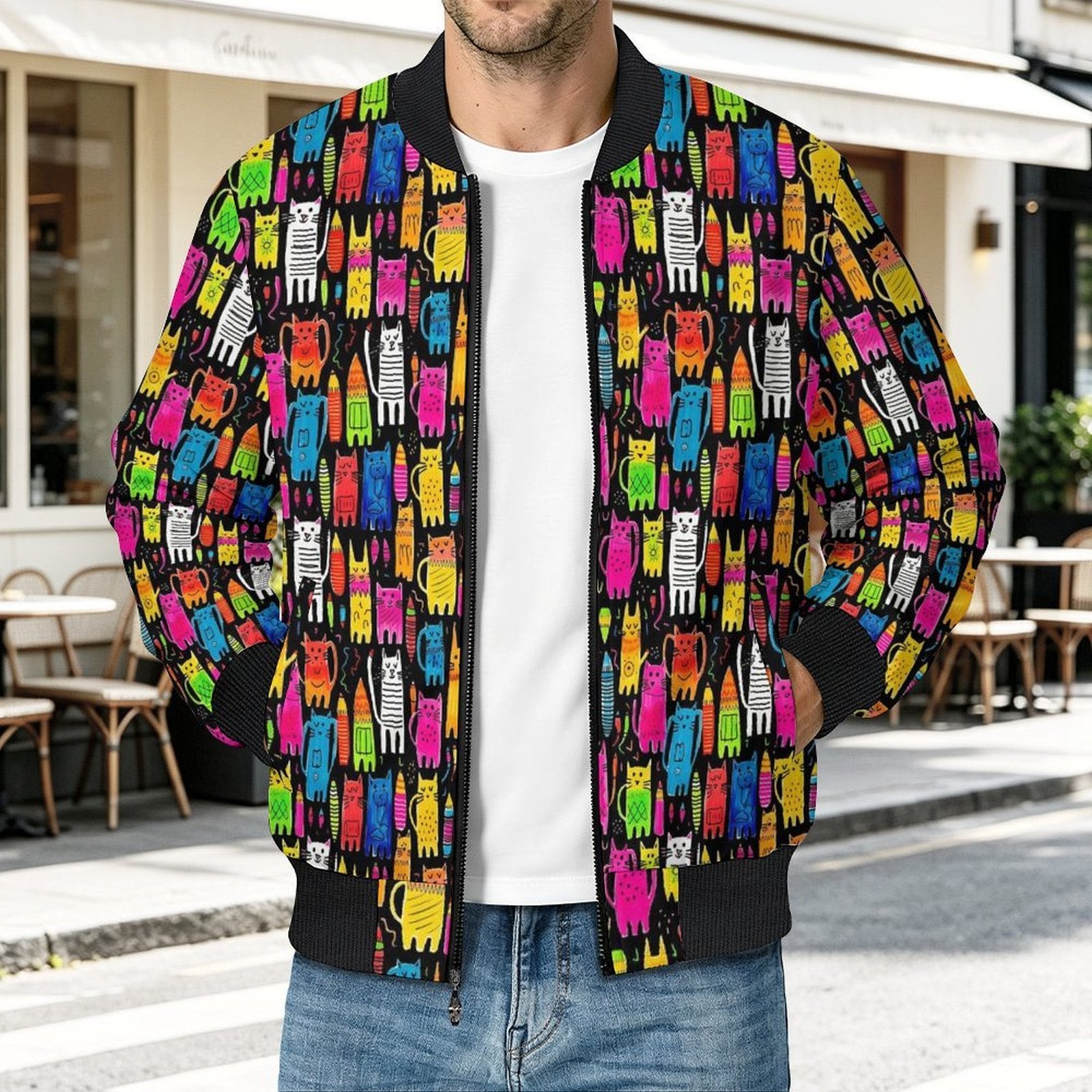 Colourful Cats Men's Casual Zip‑Up Bomber Jacket