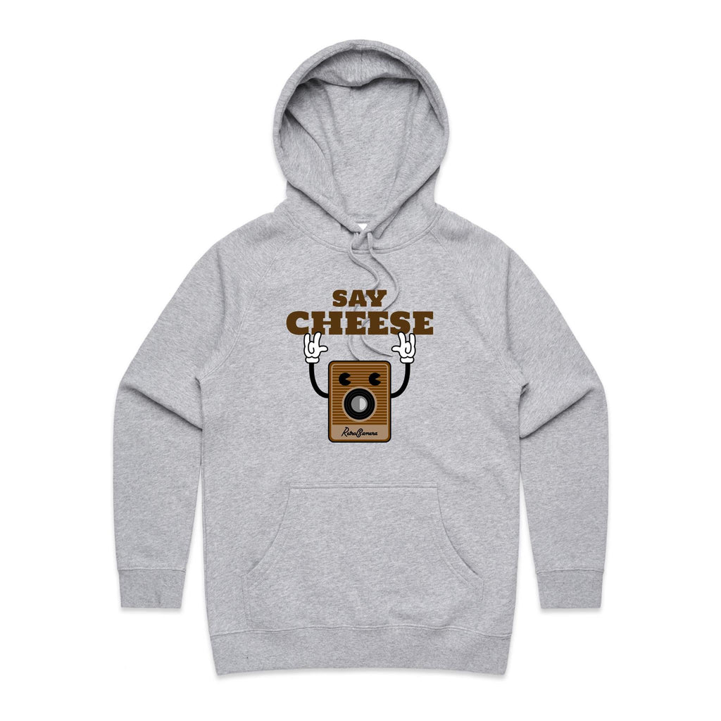 Say Cheese, Retro Camera - Womens Hoodie Grey Marle Womens Hoodie Printed In Australia Retro Tech