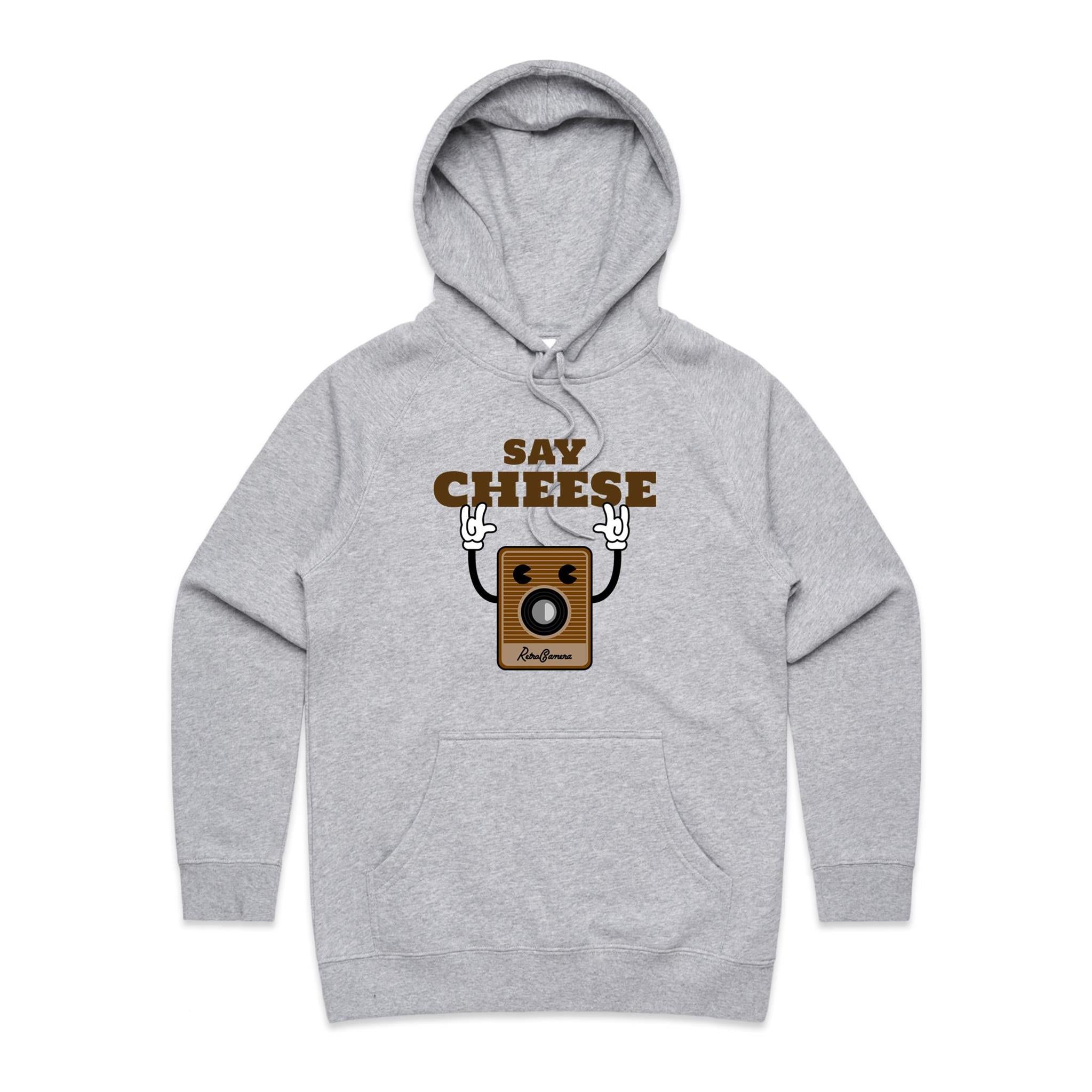 Say Cheese, Retro Camera - Womens Hoodie Grey Marle Womens Hoodie Printed In Australia Retro Tech