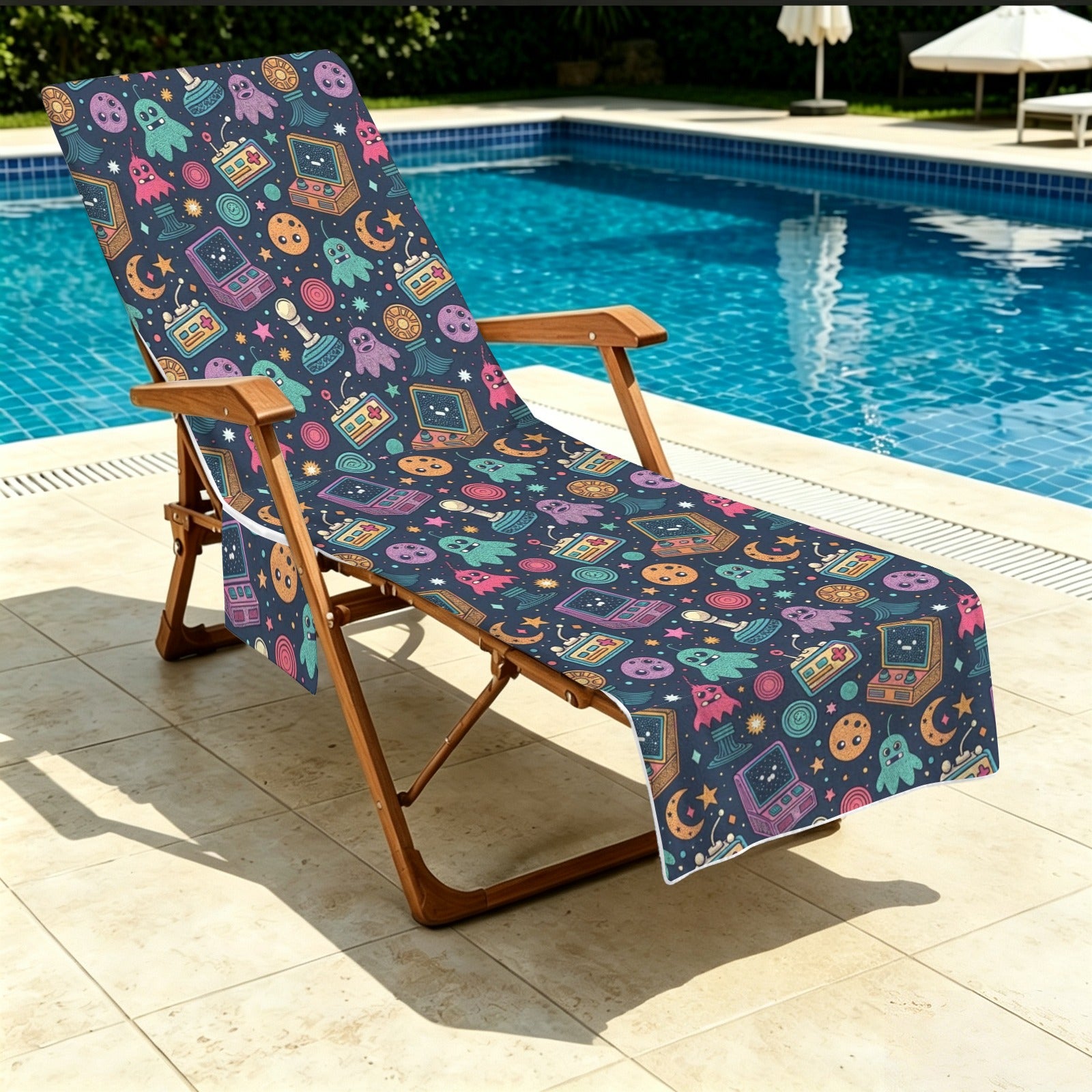 Space Arcade Beach Chair Towel Cover with Side Pockets