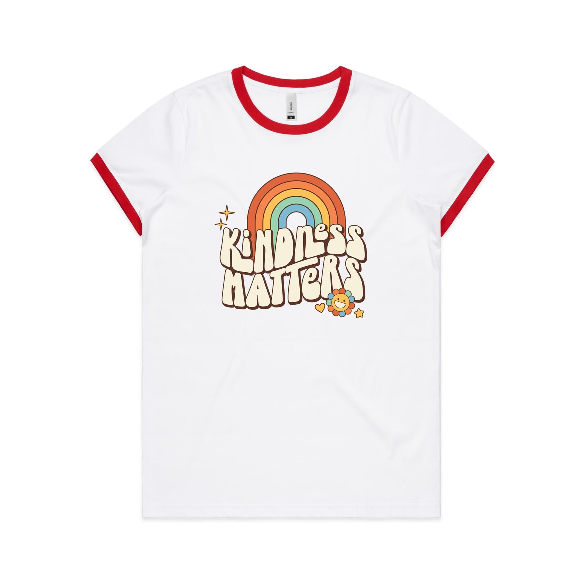 Kindness Matters - Women's Ringer Tee White Red Womens Ringer T-shirt Kindness Positivity Printed In Australia Retro