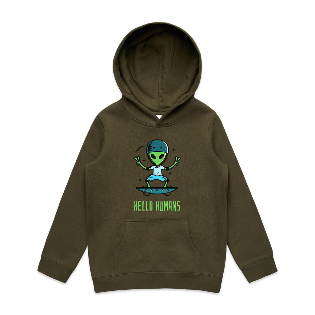 Alien Skate, Hello Humans - Kids Hoodie Army Kids Hoodie Printed In Australia