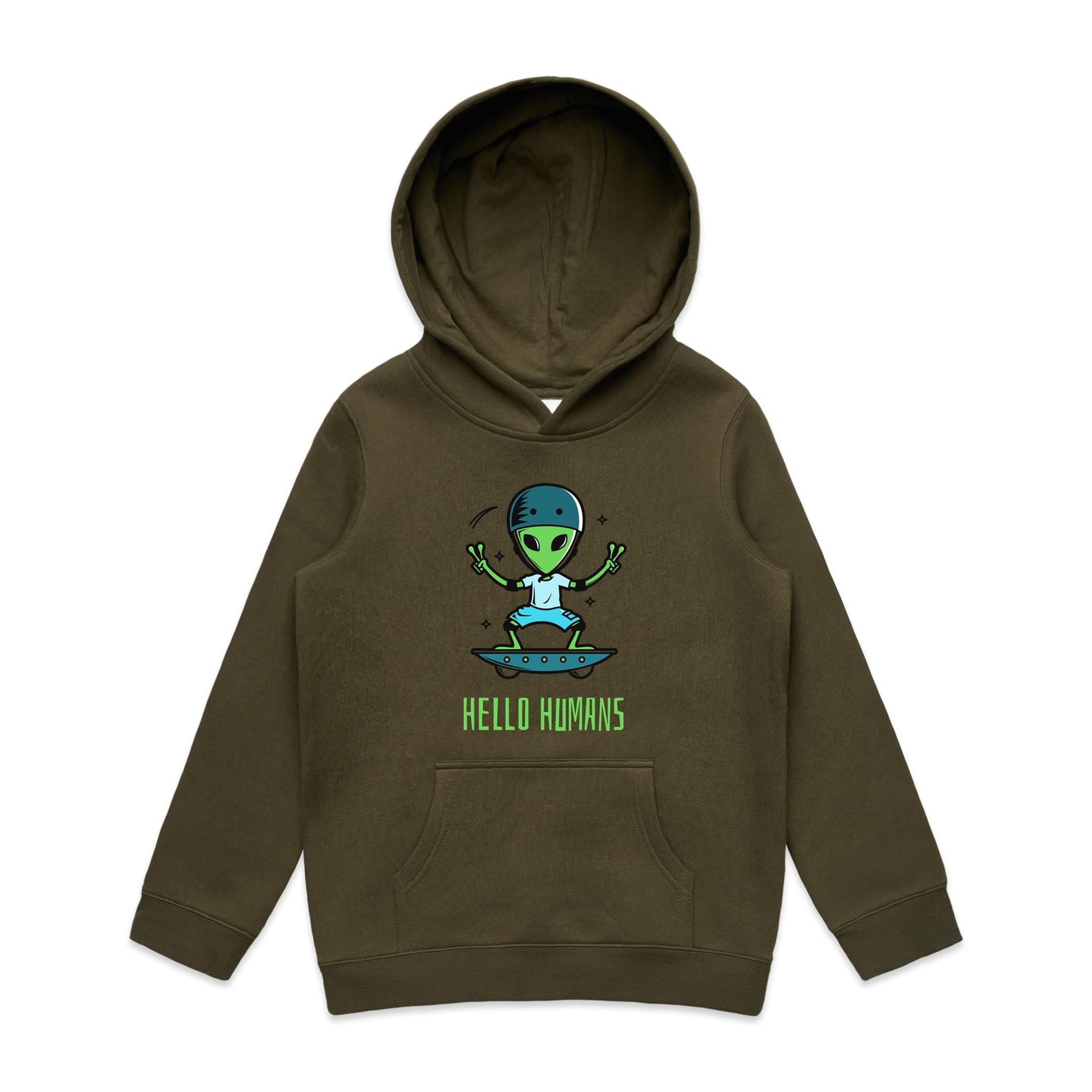 Alien Skate, Hello Humans - Kids Hoodie Army Kids Hoodie Printed In Australia
