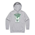 But First Coffee, The Coffee Addicts Club - Womens Hoodie Grey Marle Womens Hoodie Coffee Printed In Australia