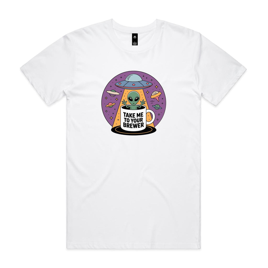 Coffee, Alien, UFO, Take Me To Your Brewer Men's AS Colour T-shirt White Mens T-shirt Coffee Printed In Australia Sci Fi