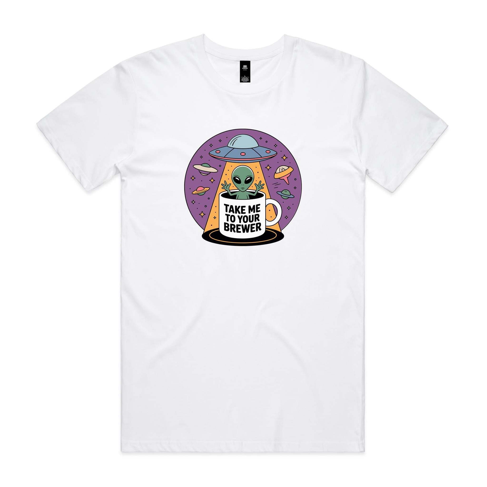 Coffee, Alien, UFO, Take Me To Your Brewer Men's AS Colour T-shirt White Mens T-shirt Coffee Printed In Australia Sci Fi