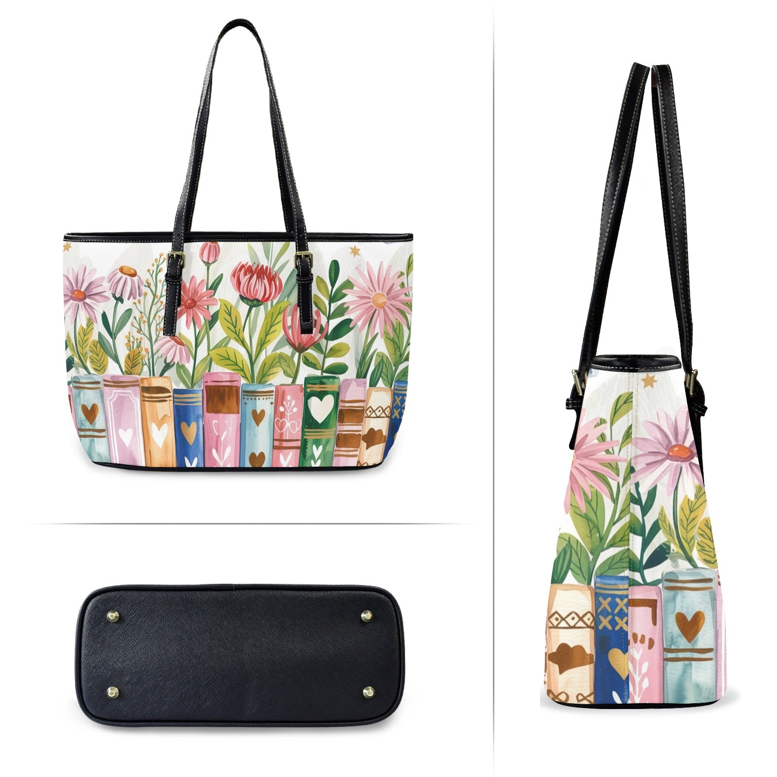 Books, Flowers And Butterflies - Leather Tote Bag-Large
