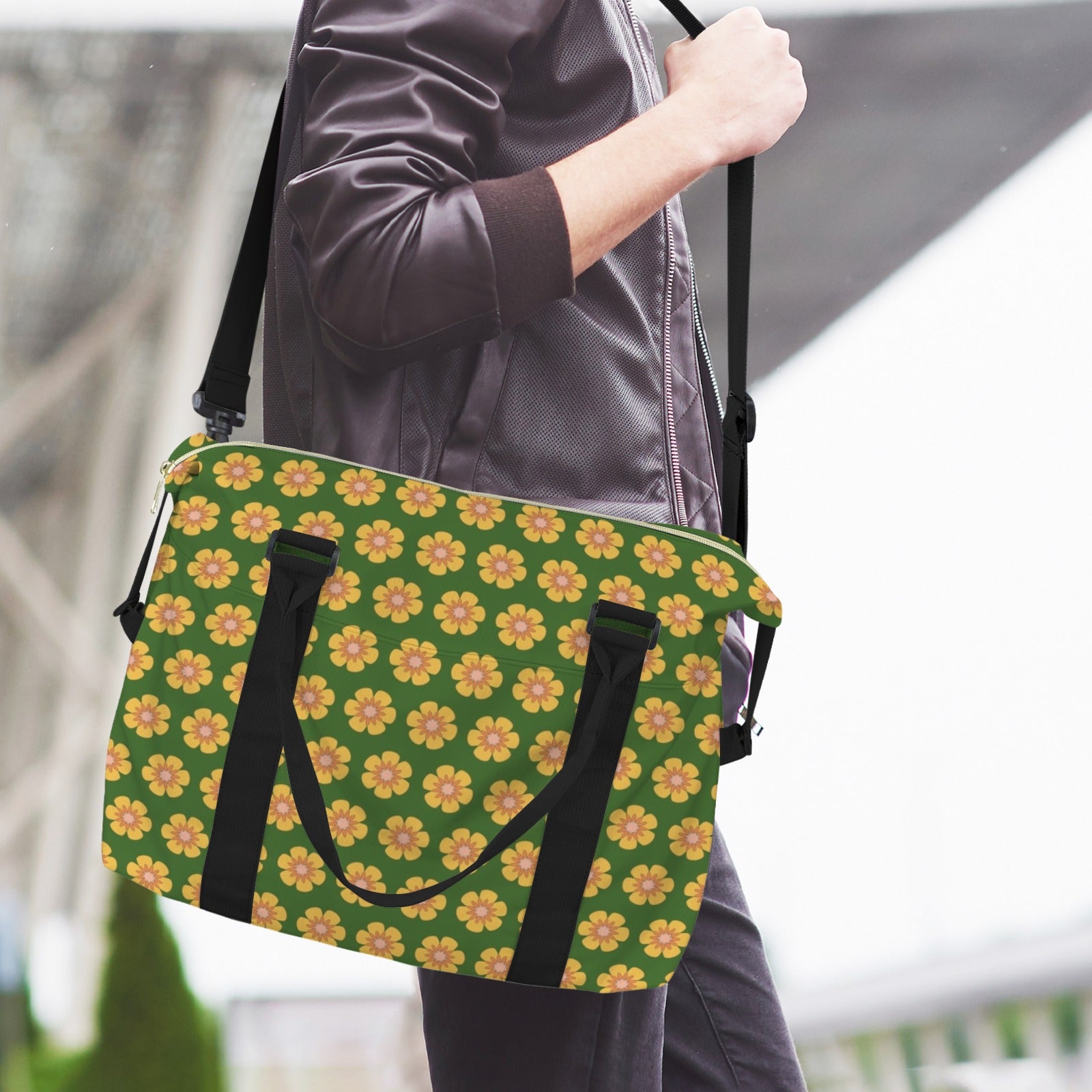 Yellow Flowers On Green Duffle Bag-Simple (Model 1715) Duffle Bag-Simple (1715)