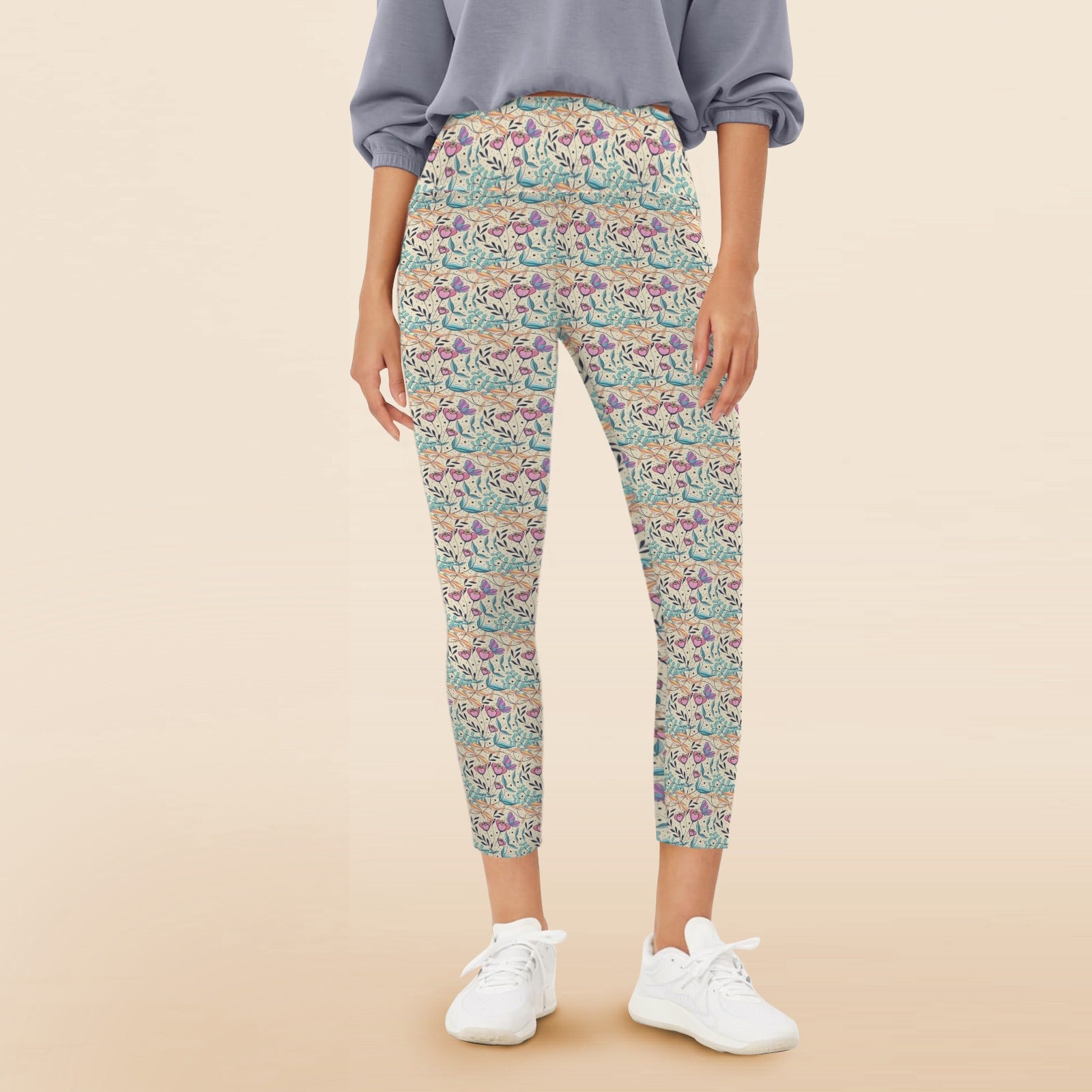 Butterfly Floral Women's High Waist Pockets Yoga Leggings 5XL Women's High Waist Pockets Yoga Leggings Plants Printed Offshore Retro