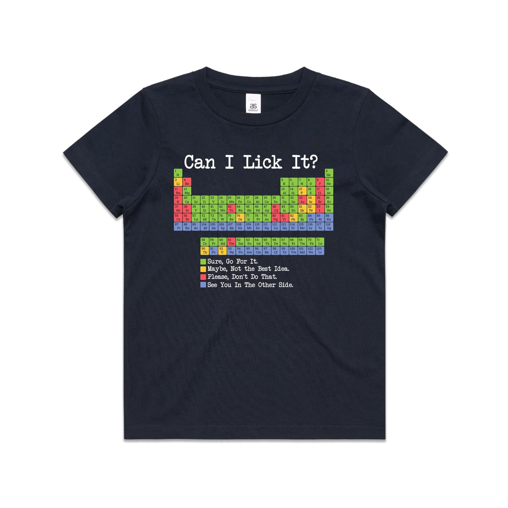 Periodic Table, Can I Lick It Kid's AS Colour T-shirt Navy Kids Youth T-shirt Printed In Australia Science