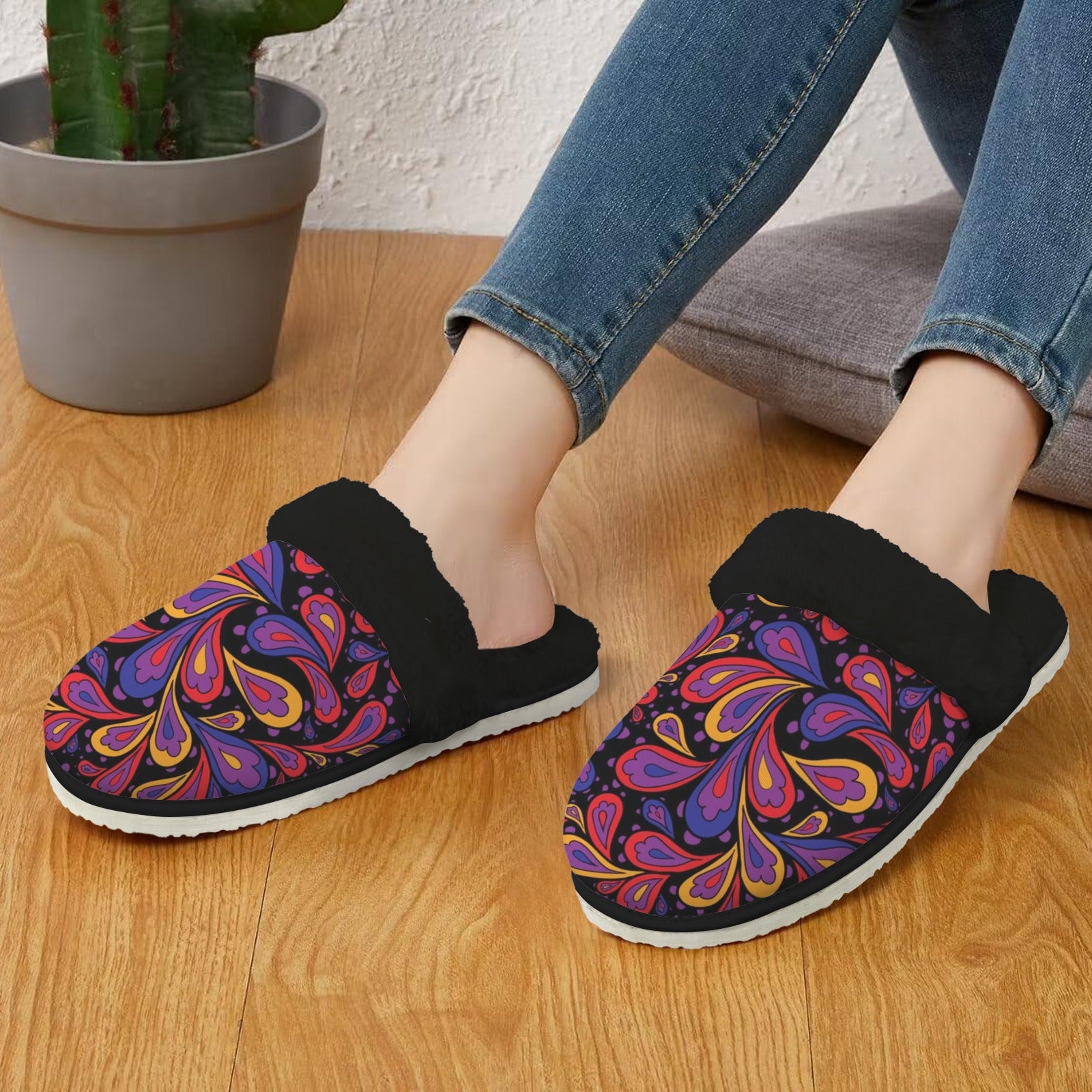 Paisley Swirl Women's Fur Trim Thick-Sole Indoor Slippers Women's Fur Trimmed Slippers Printed Offshore