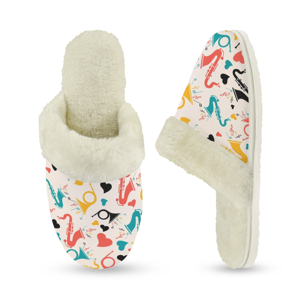 Brass Musical Instruments Women's Fur Trim Thick-Sole Indoor Slippers Women's Fur Trimmed Slippers Music Printed Offshore