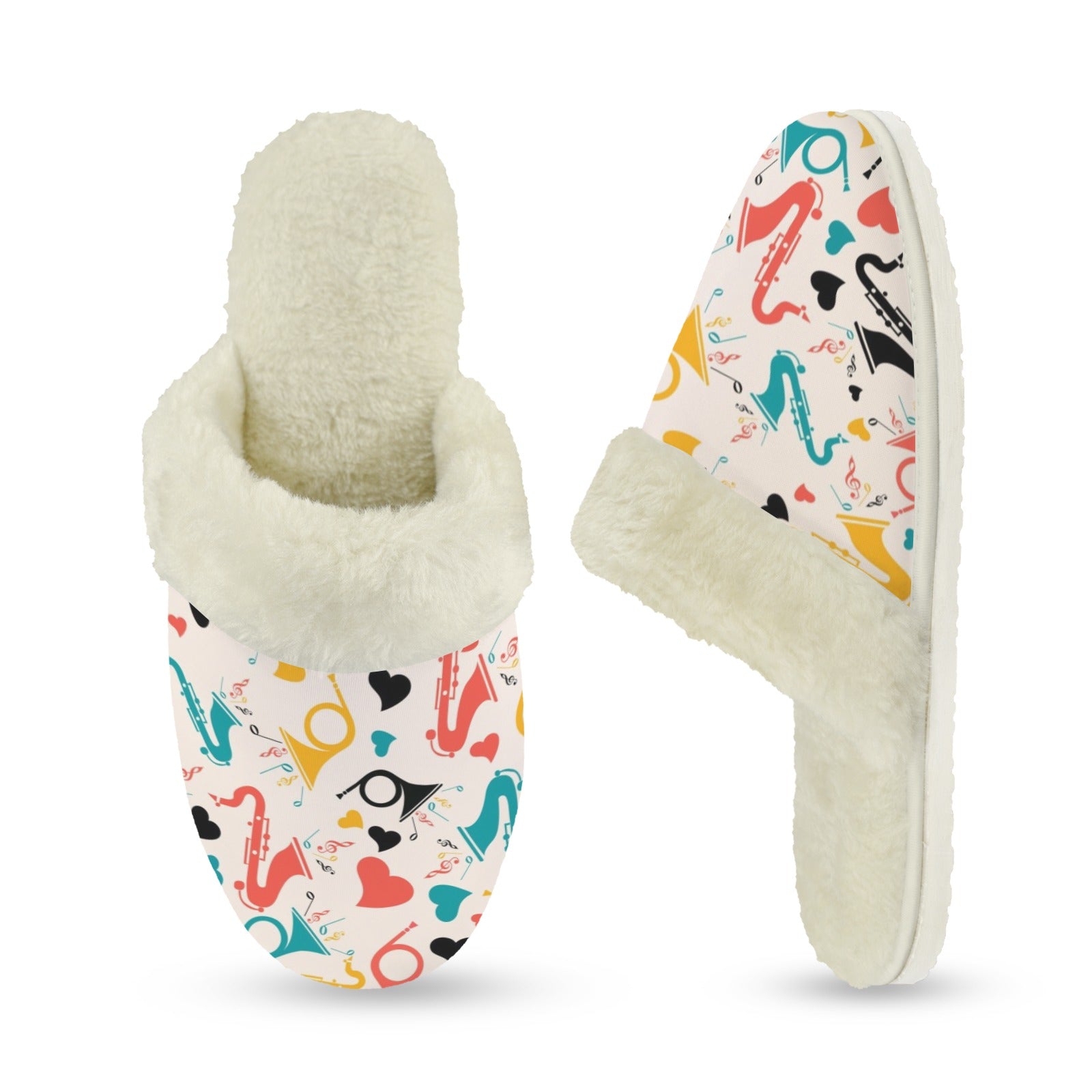 Brass Musical Instruments Women's Fur Trim Thick-Sole Indoor Slippers Women's Fur Trimmed Slippers Music Printed Offshore