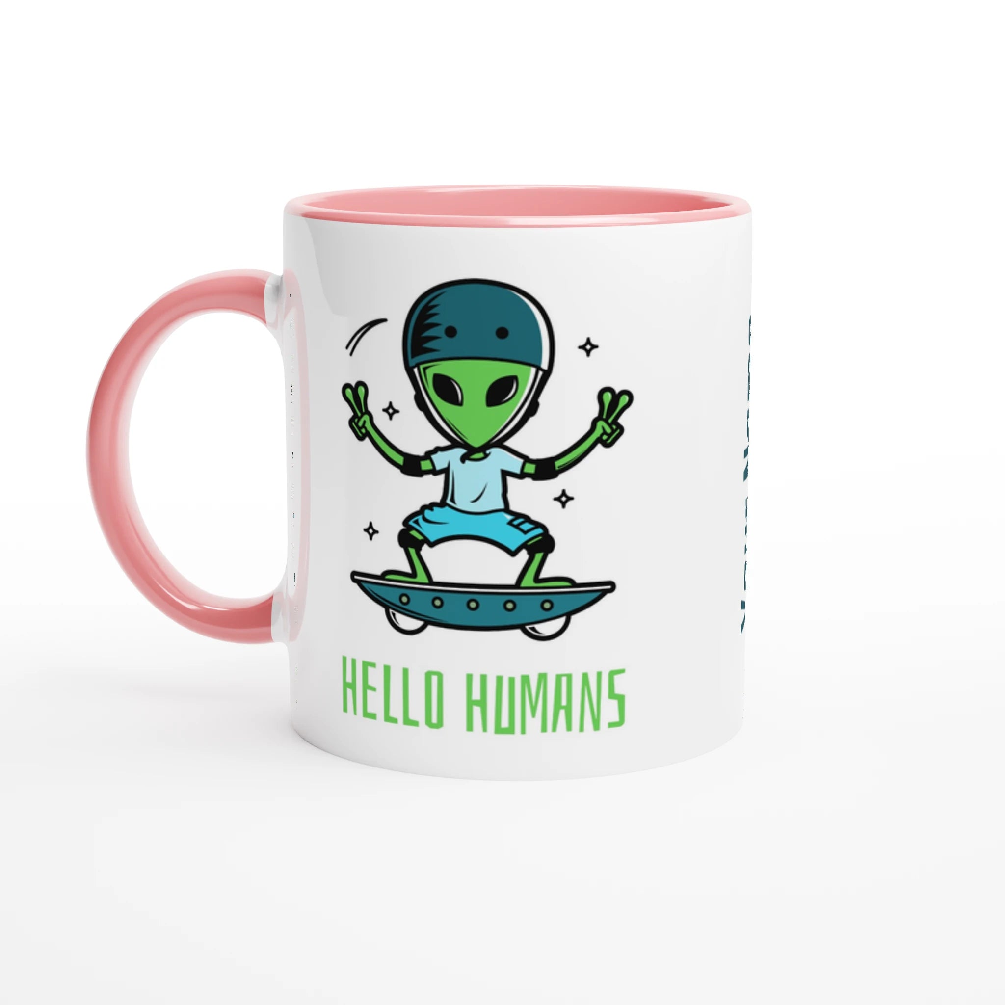 Personalised - Hello Humans - White 11oz Ceramic Mug with Colour Inside Ceramic Pink Personalised 11oz Mug customise Globally Fulfilled personalise Sci Fi