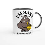 I'm Saxy And I Know It, Saxophone Hippo - White 11oz Ceramic Mug with Colour Inside Colour 11oz Mug animal Globally Fulfilled Music