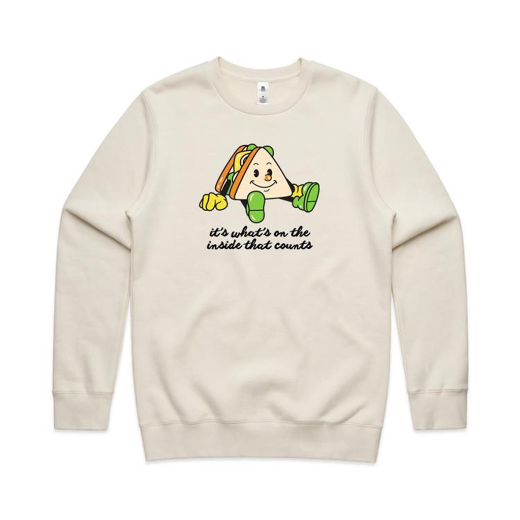 It's What's On The Inside That Counts, Sandwich - AS Colour Stencil Crew Sweatshirt Ecru Sweatshirt Food Printed In Australia