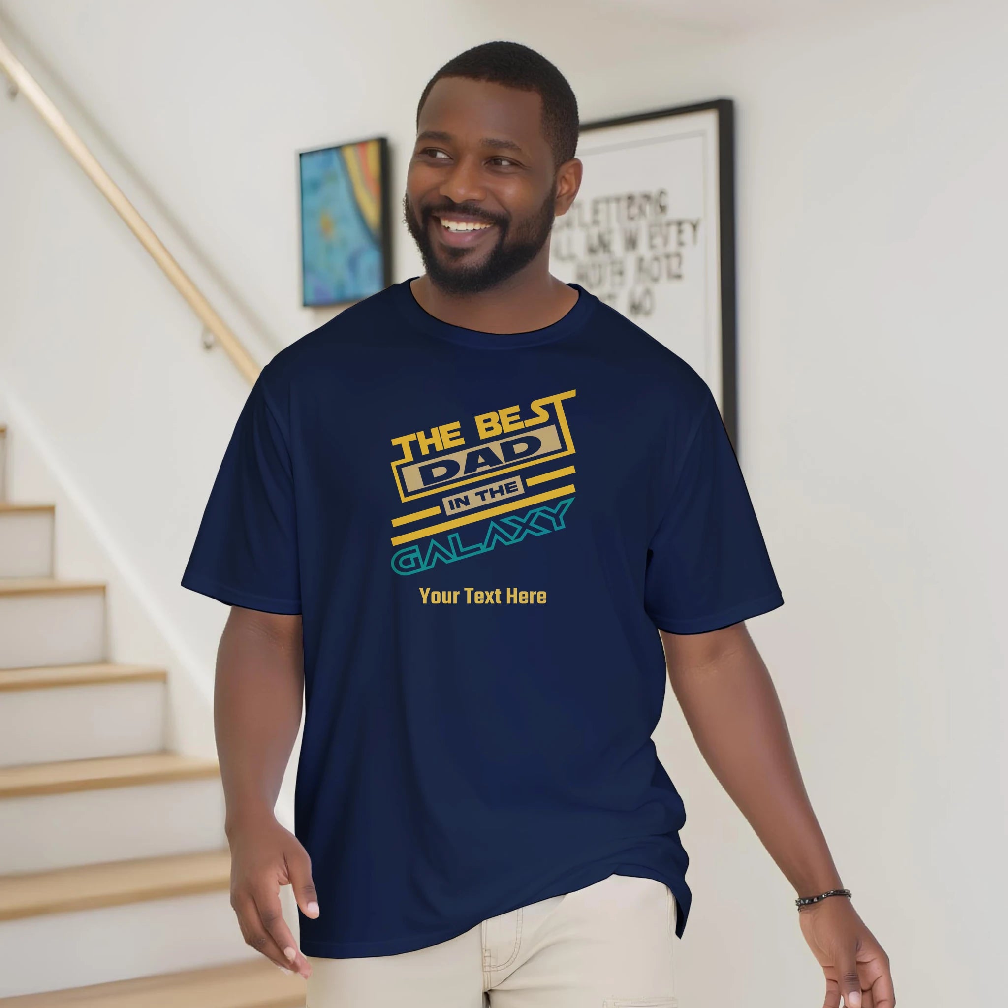 Personalised - The Best Dad In The Galaxy - Classic Unisex Crewneck T-shirt | Gildan® 64000 Navy Personalised T-shirt Globally Fulfilled