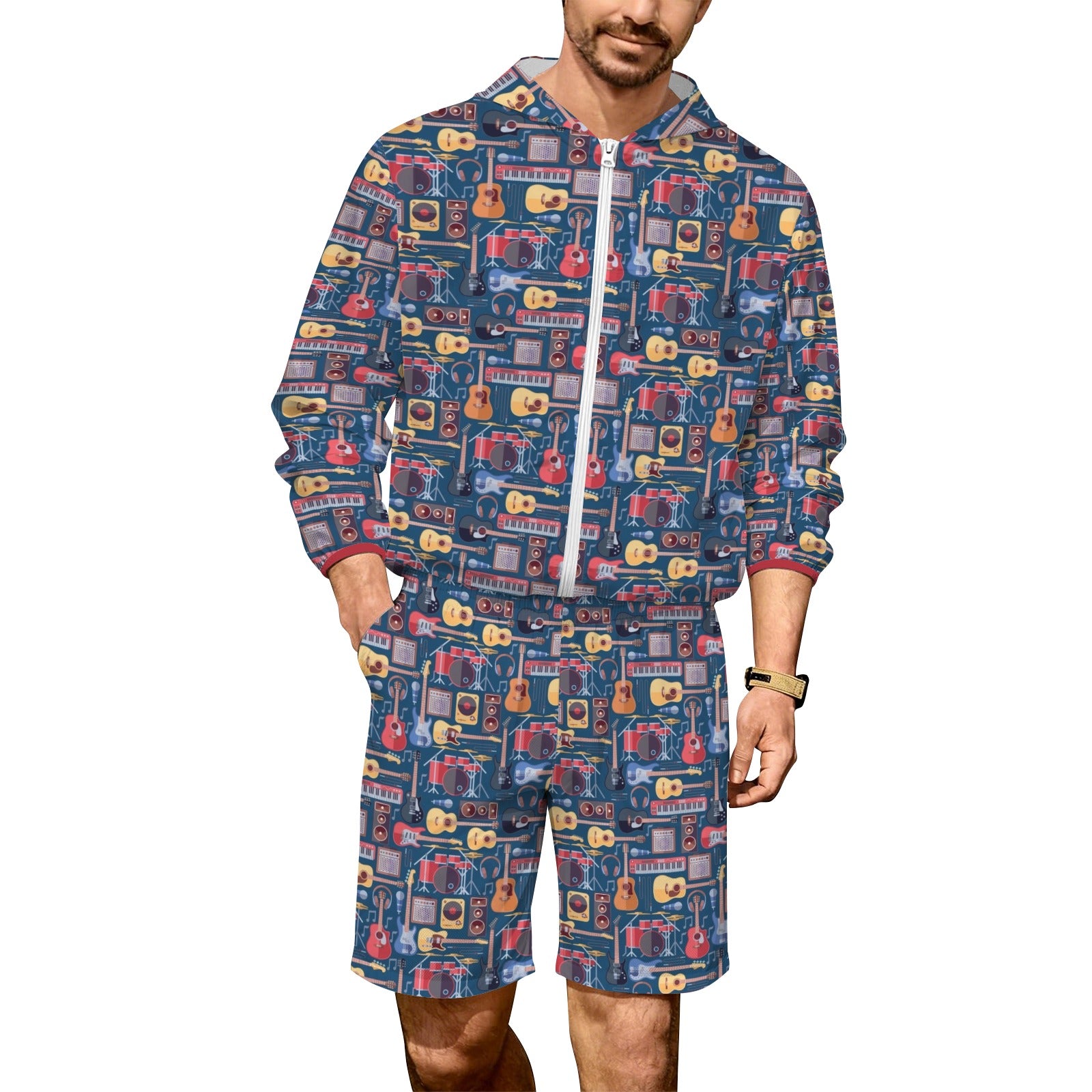 Music Instruments Men's Lightweight Sun Hoodie & Shorts Set 4XL Men's Lightweight Sun Hoodie & Shorts Music Printed Offshore
