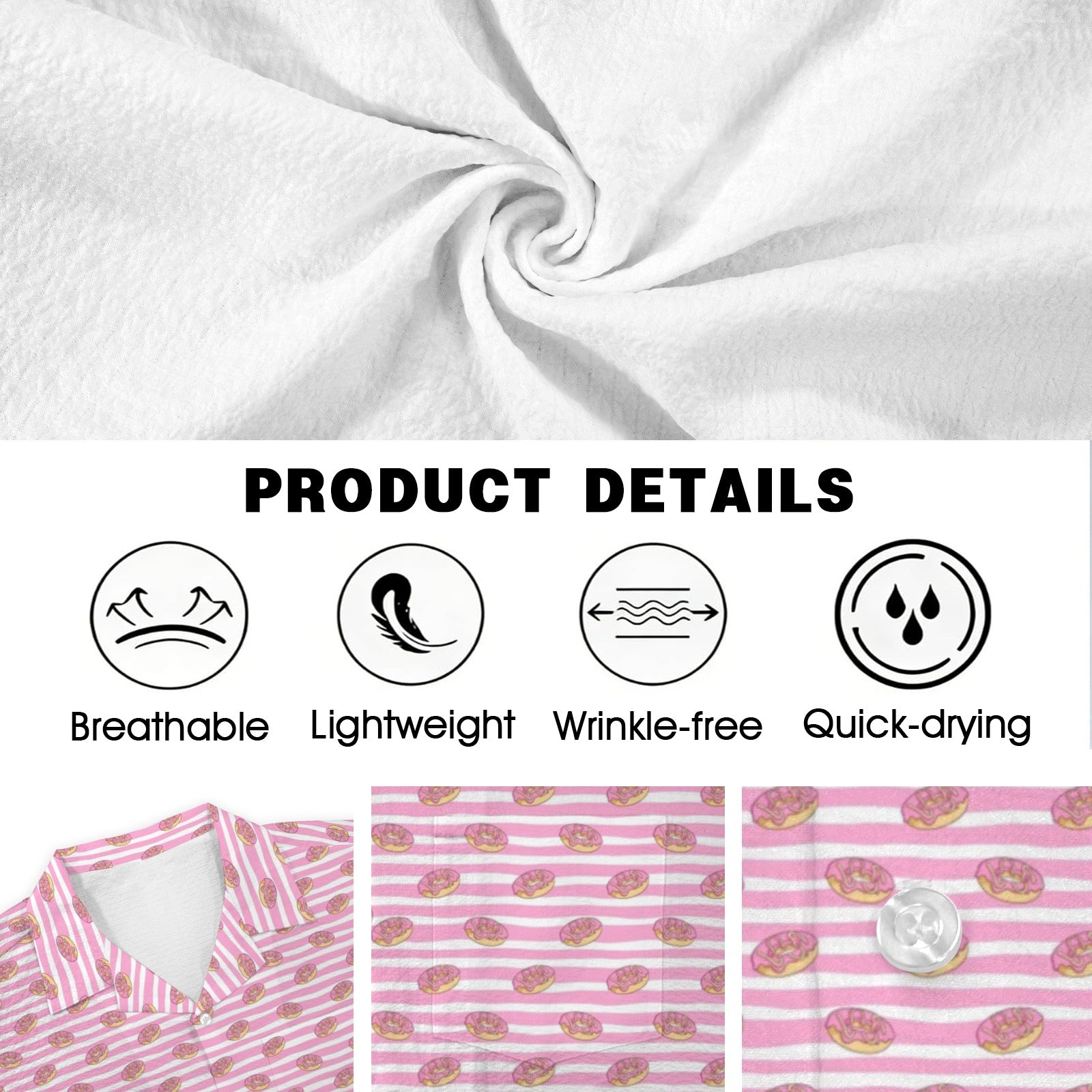 Pink Donut Stripes Men's Crinkle Hawaiian Shirt
