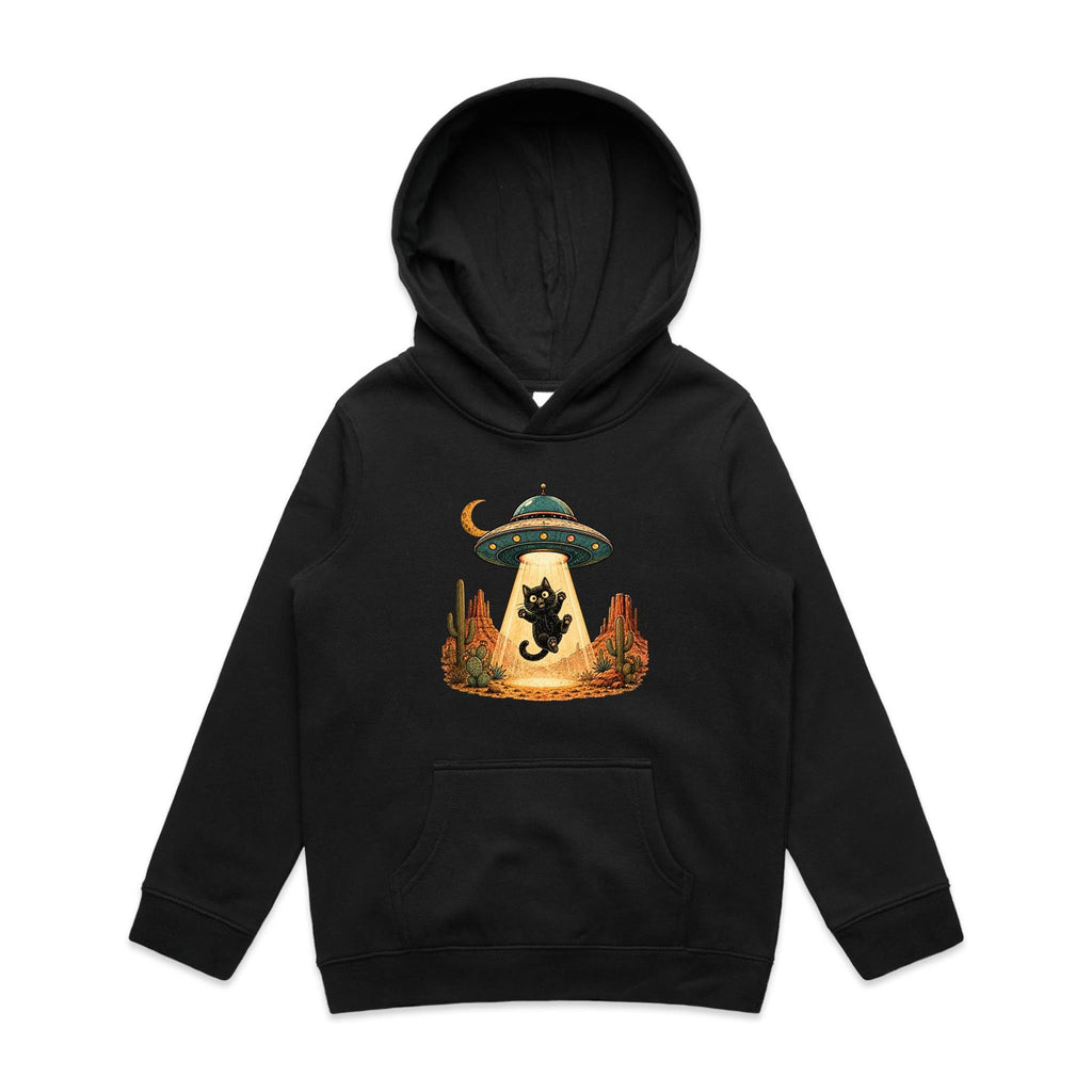 Black Cat Alien UFO Abduction Kids AS Colour Hoodie