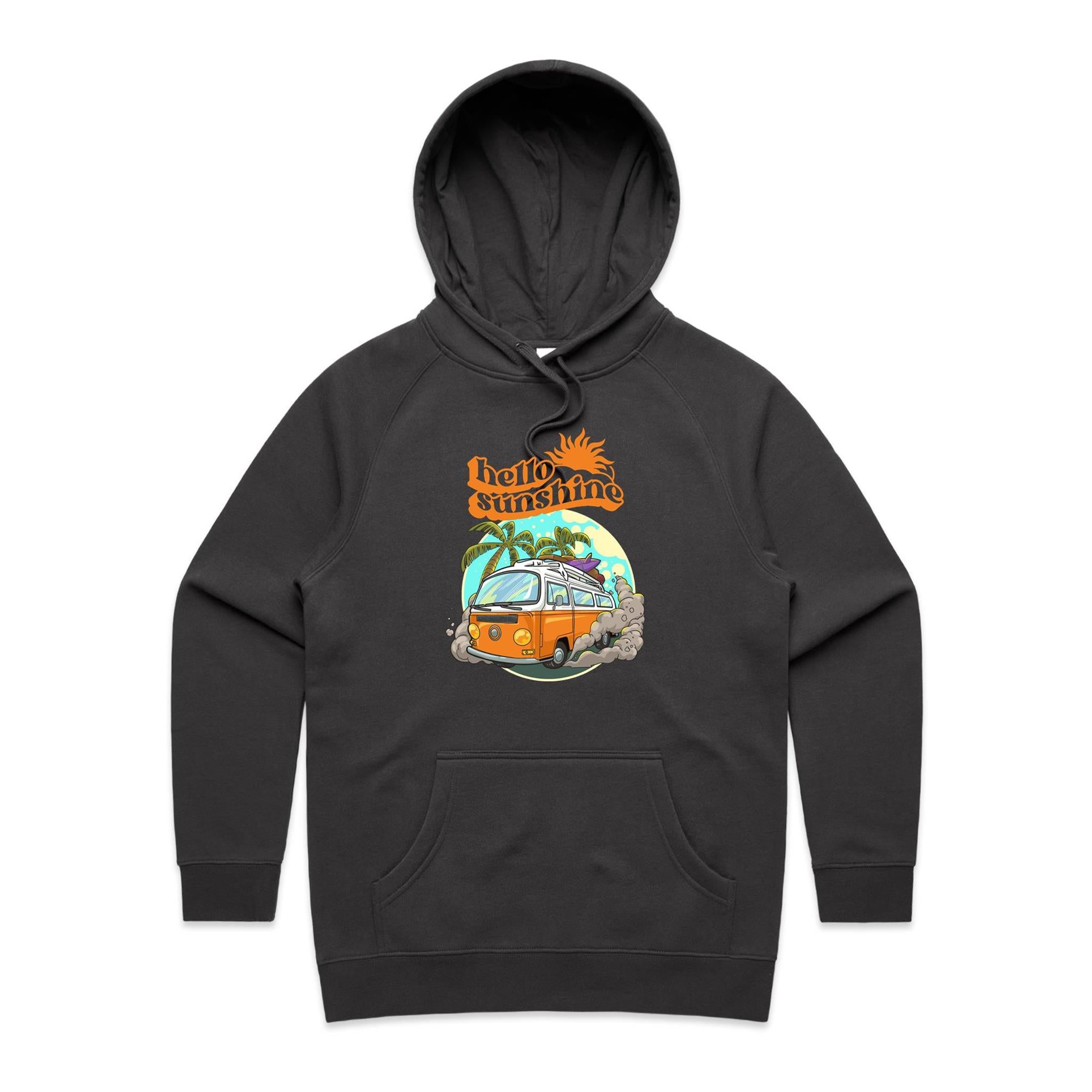 Hello Sunshine, Beach Van - Womens Hoodie Coal Womens Hoodie Printed In Australia Summer