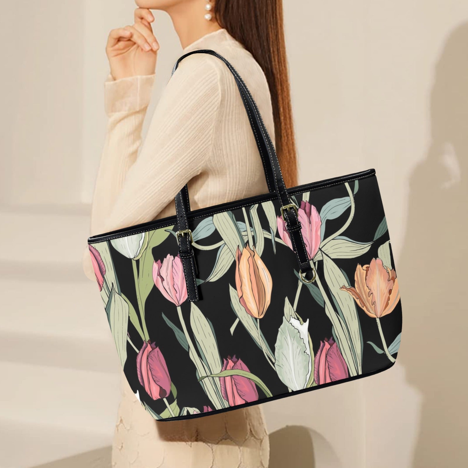 Tulips - Leather Tote Bag-Large