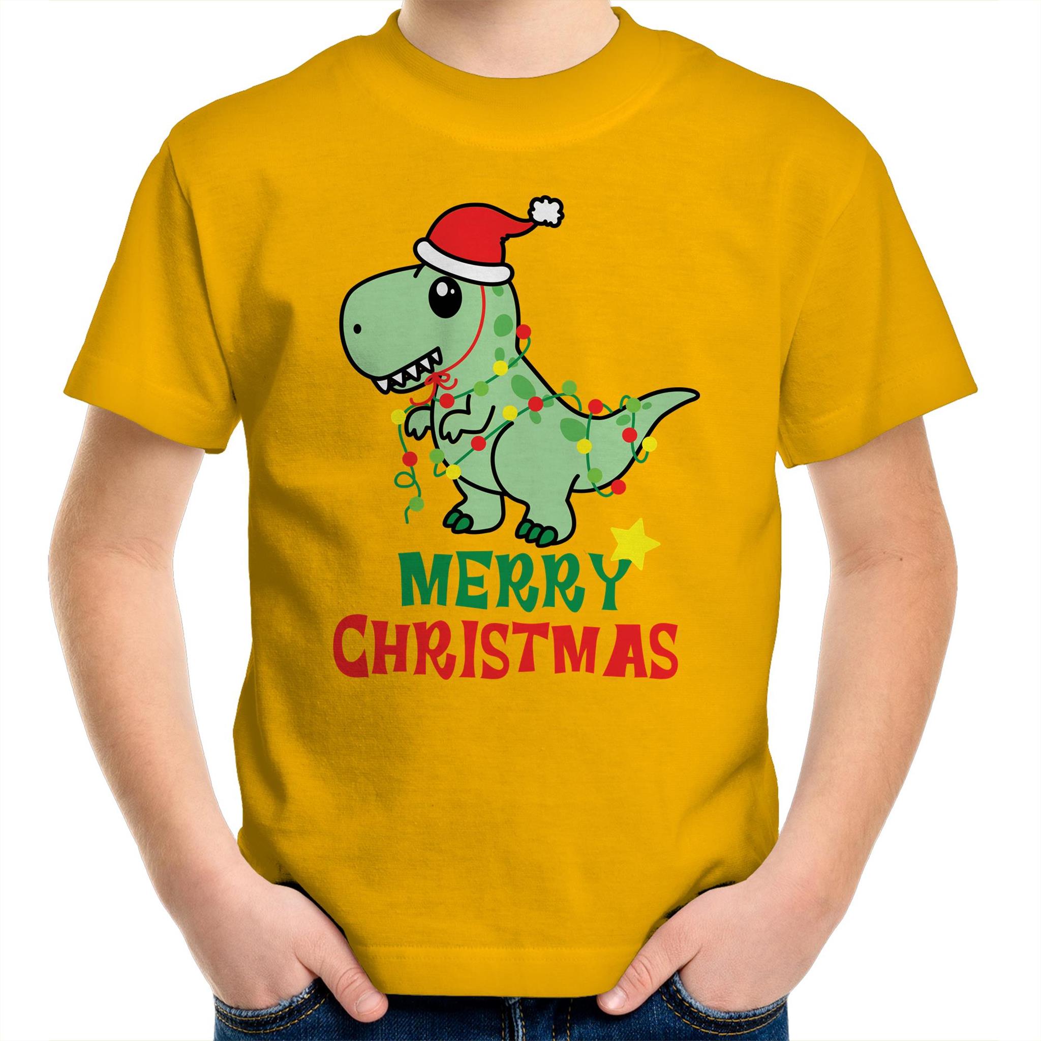 Dinosaur Santa, Merry Christmas - Kids Youth T-Shirt Gold Kids Christmas T-shirt Christmas Printed In Australia