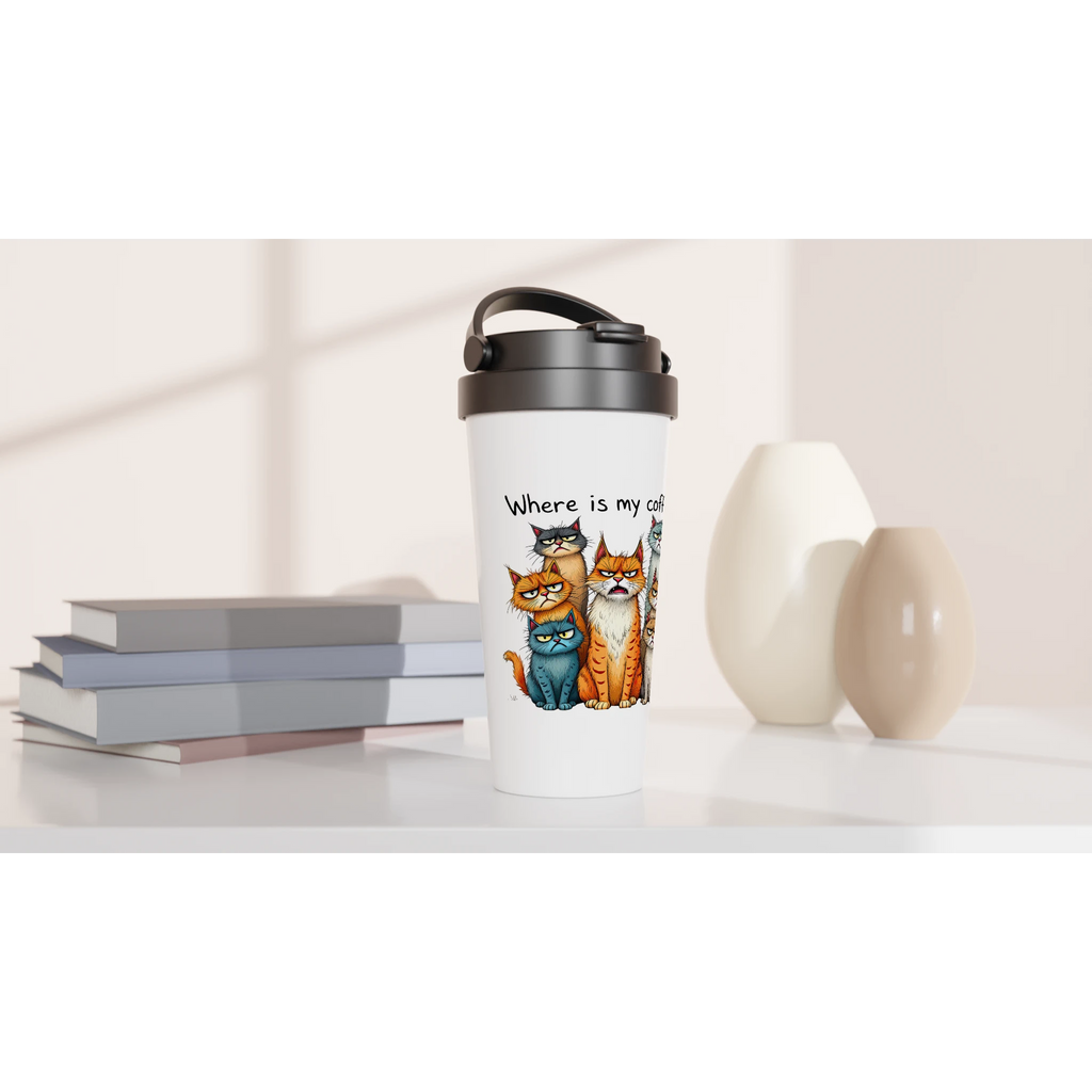 Where Is My Coffee, Cranky Cats - White 15oz Stainless Steel Travel Mug Travel Mug animal Coffee Globally Fulfilled