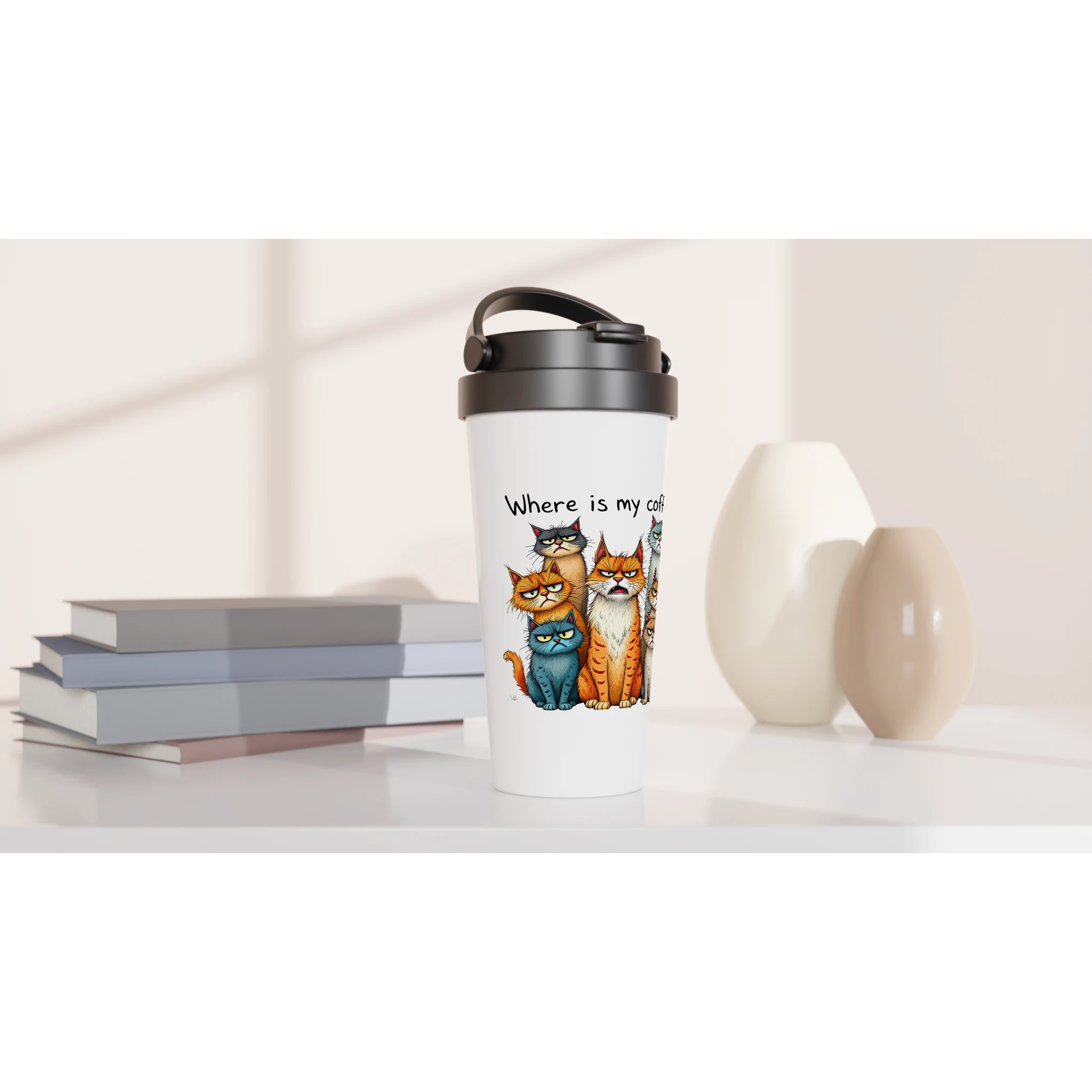 Where Is My Coffee, Cranky Cats - White 15oz Stainless Steel Travel Mug Travel Mug animal Coffee Globally Fulfilled