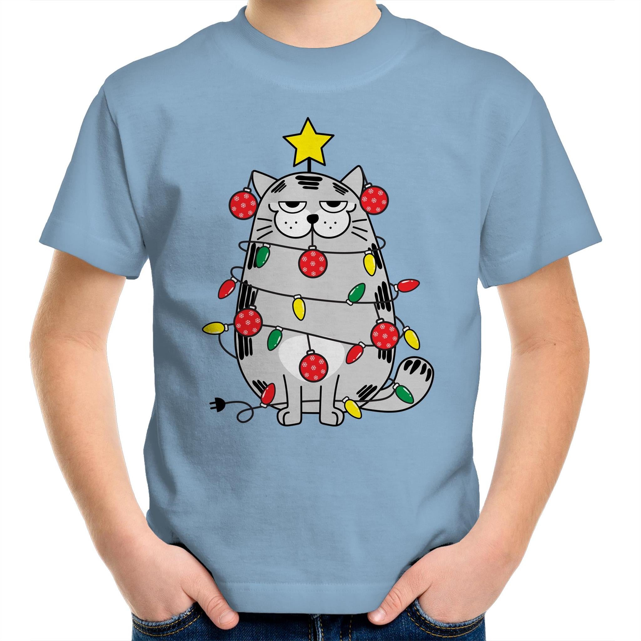Christmas Cat - Kids Youth T-Shirt Carolina Blue Kids Christmas T-shirt Christmas Printed In Australia