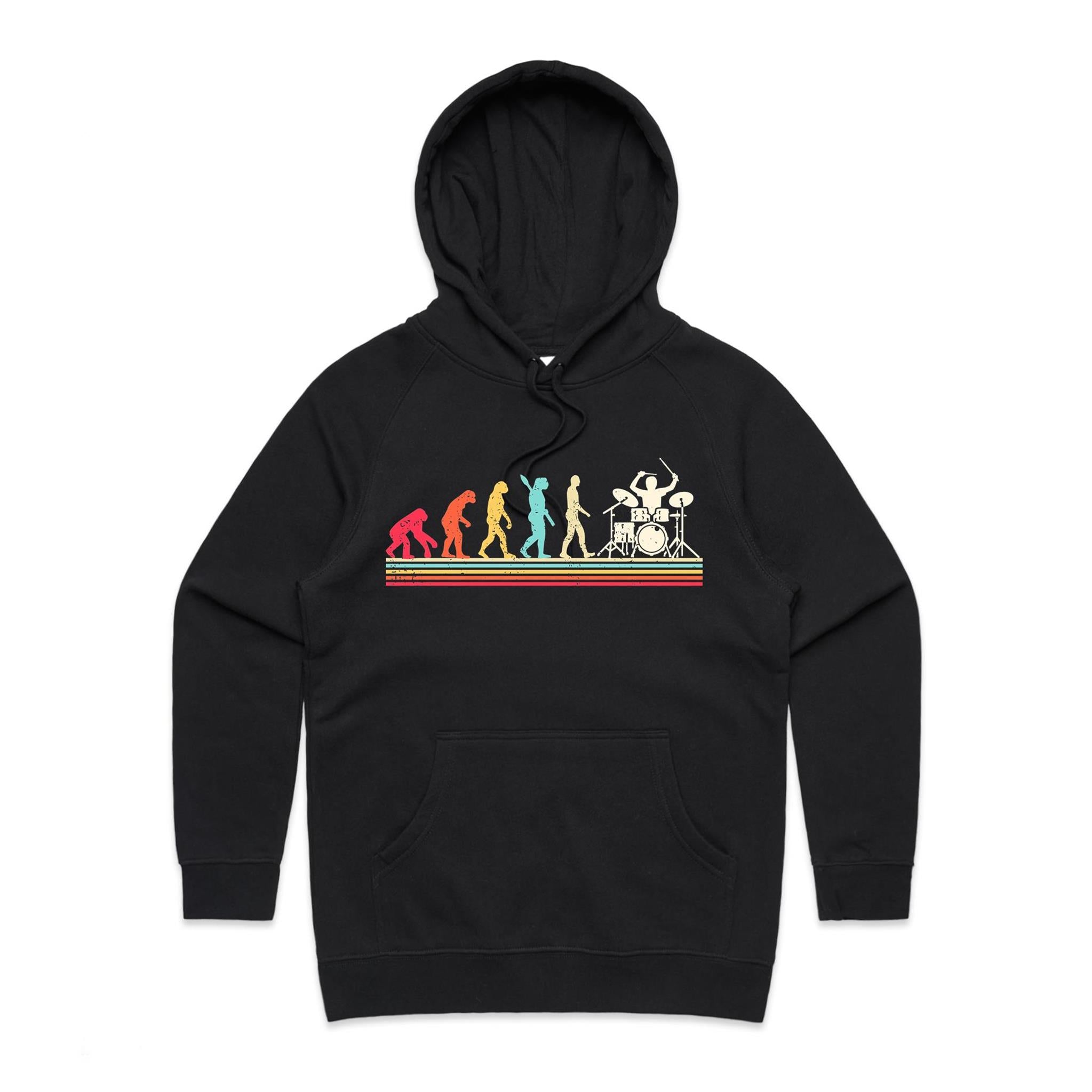 Drummer Evolution - Womens Hoodie Black Womens Hoodie Music Printed In Australia