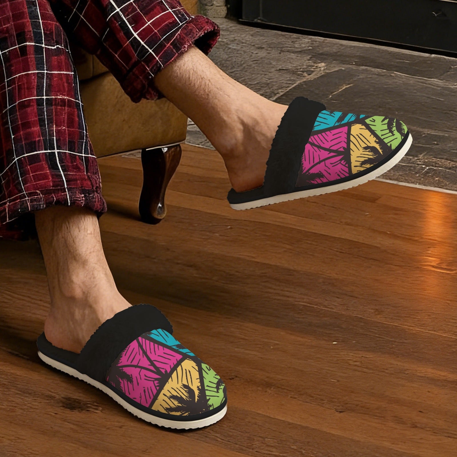 Palm Trees Men's Fur Trim Thick-Sole Indoor Slippers Men's Fur Trimmed Slippers Printed Offshore Surf