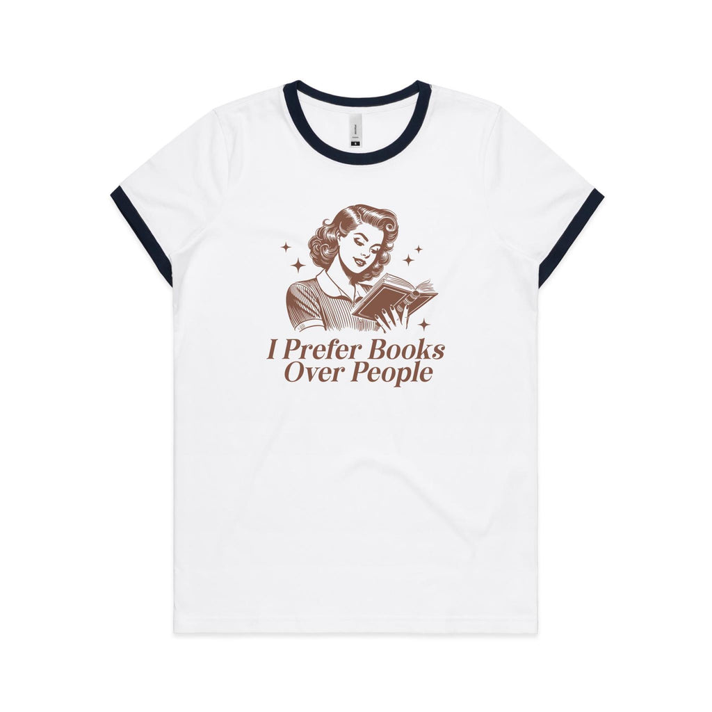 I Prefer Books Over People - AS Colour Women's Ringer Tee White Navy Womens Ringer T-shirt Printed In Australia Reading